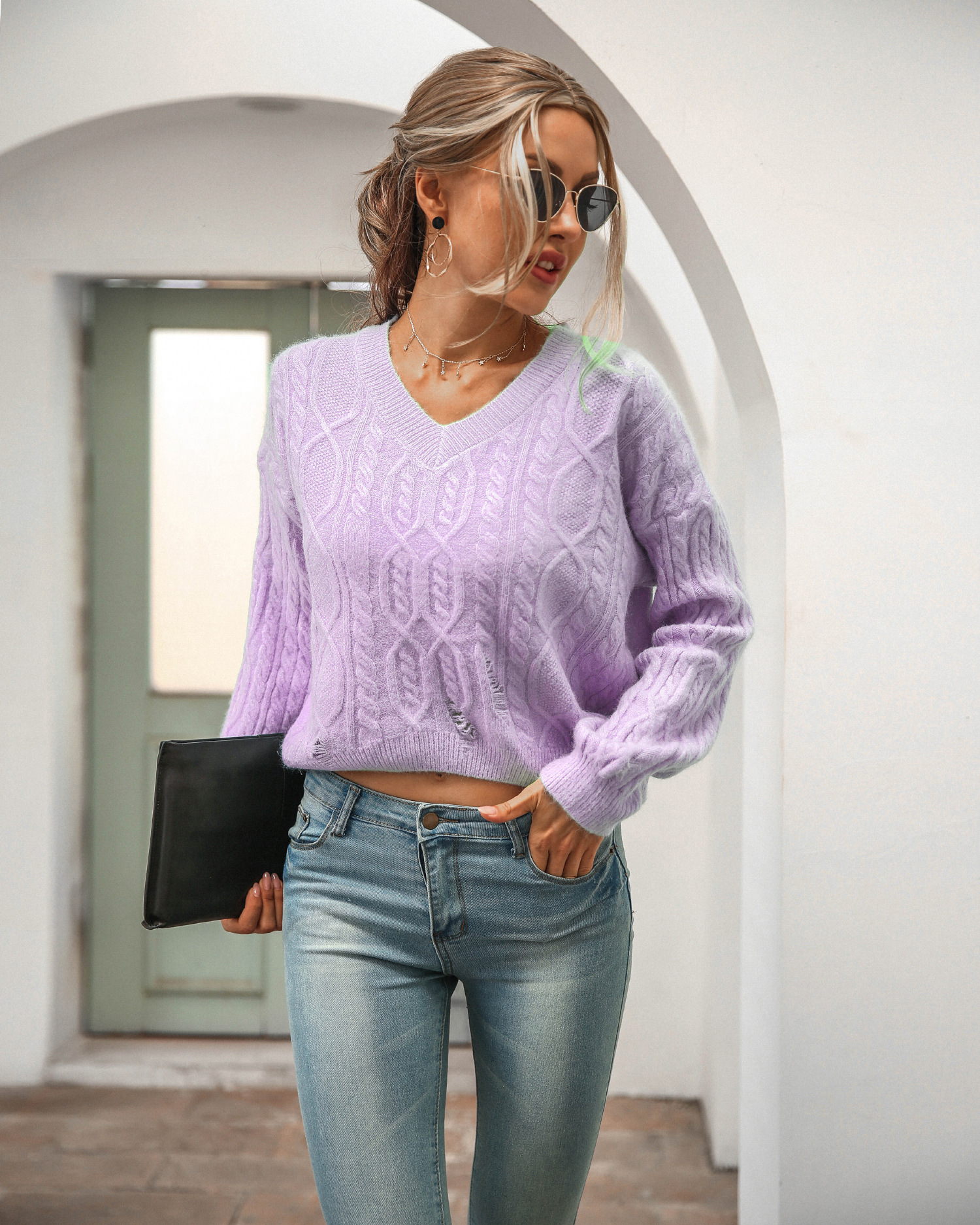 women s loose V-neck pullover long-sleeved twist sweater nihaostyles clothing wholesale NSBY76603