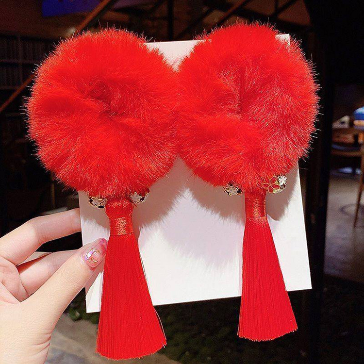 Banda de pelo estilo chino brillante rojo Año Nuevo festivo pelo cuerda felpa borla diadema niños Año Nuevo saludo tocado princesa pelo accesorios