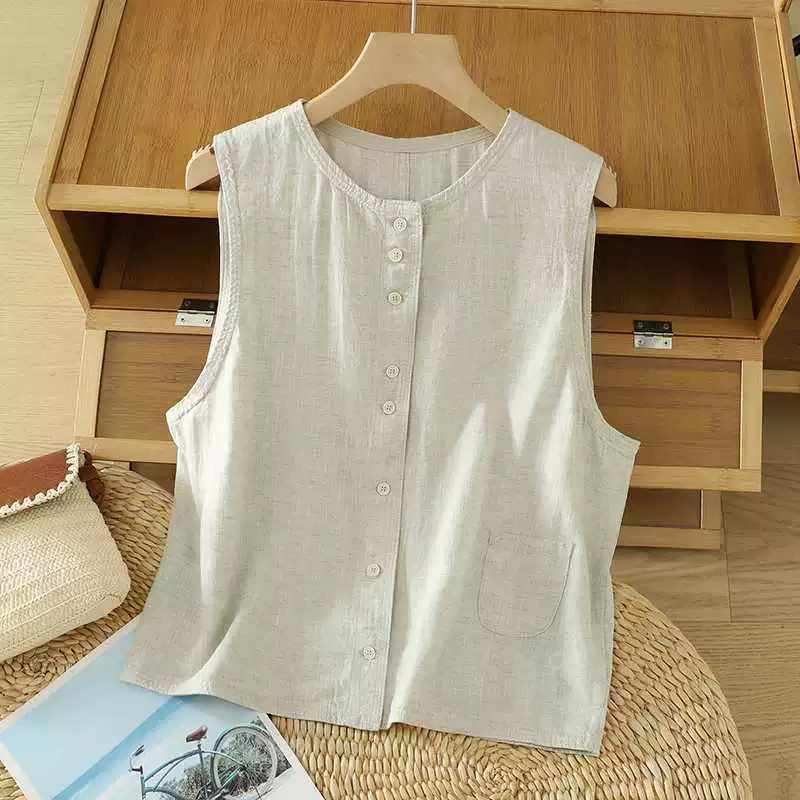 Vest, retro spring summer jacket, cotton and linen, plus size