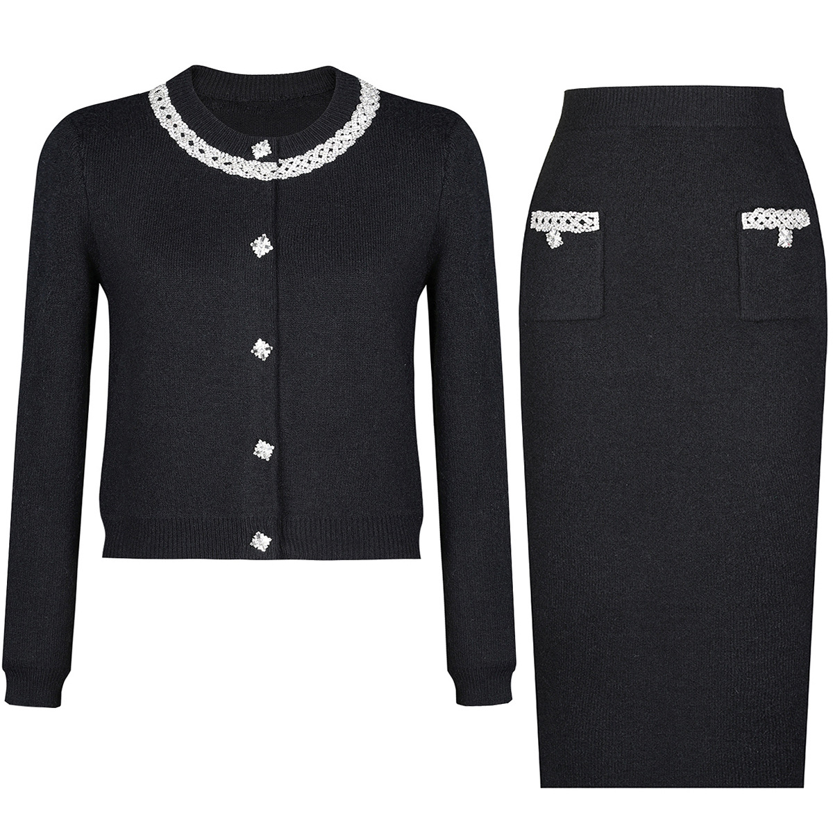 In-Stock Spring and Autumn New Style Woolen Heavy Knit Cashmere Chanel-Style Top Jacket + Skirt Set 24198