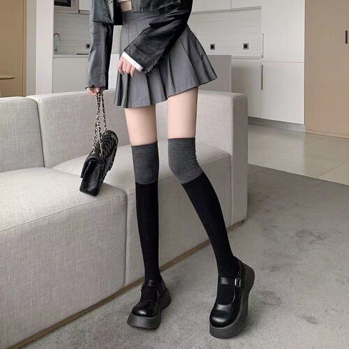 Calf socks for women, spring and autumn mid-calf black and gray spliced ​​half-leg black calf socks with color matching long-tube over-the-knee high socks