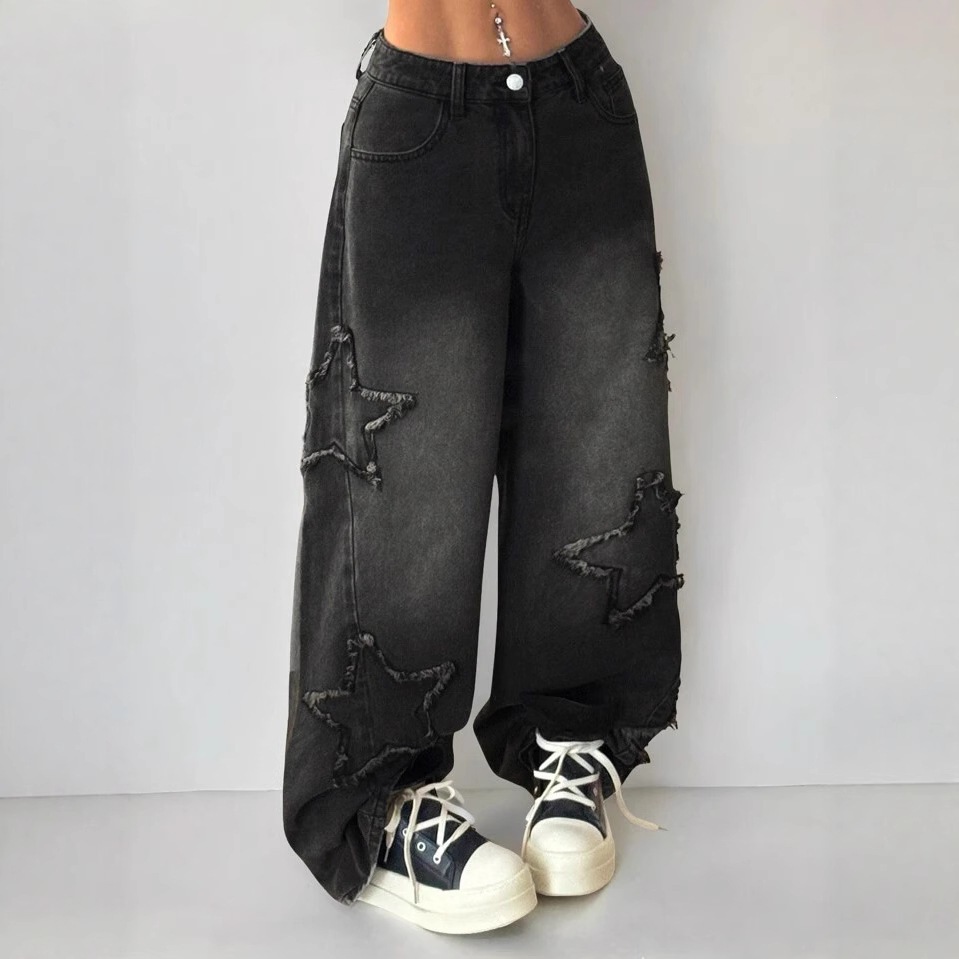 American High Street Style Women's Trendy Pants with Star Embroidery, Elastic Waist, Loose Straight-Leg Jeans for Spring and Autumn