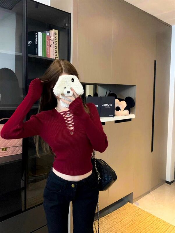 红色镂空毛衣内搭打底衫女秋冬季2025新款设计感小众短款针织上衣|undefined