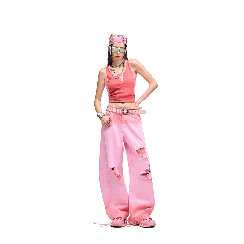 Trendy Gradient Color Wide-Leg Ripped Jeans for Women, New Spring/Summer Style, Versatile Loose Thin Long Pants Trendy Gradient Color Wide-Leg Ripped Jeans for Women, New Spring/Summer Style, Versatile Loose Thin Long Pants