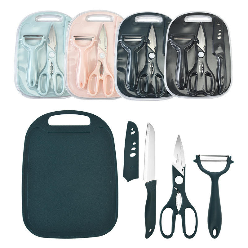 Fabricante spot al por mayor mango de cola puntiaguda cuchillo de fruta juego de cuatro piezas de acero inoxidable paquete de succión de doble cara juego de cuchillos de cocina