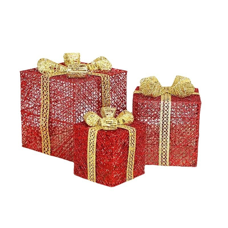 クリスマス鉄芸発光ギフトボックス三点セット積み上げ装飾品セットクリスマスツリーホテルシーン配置置物|undefined