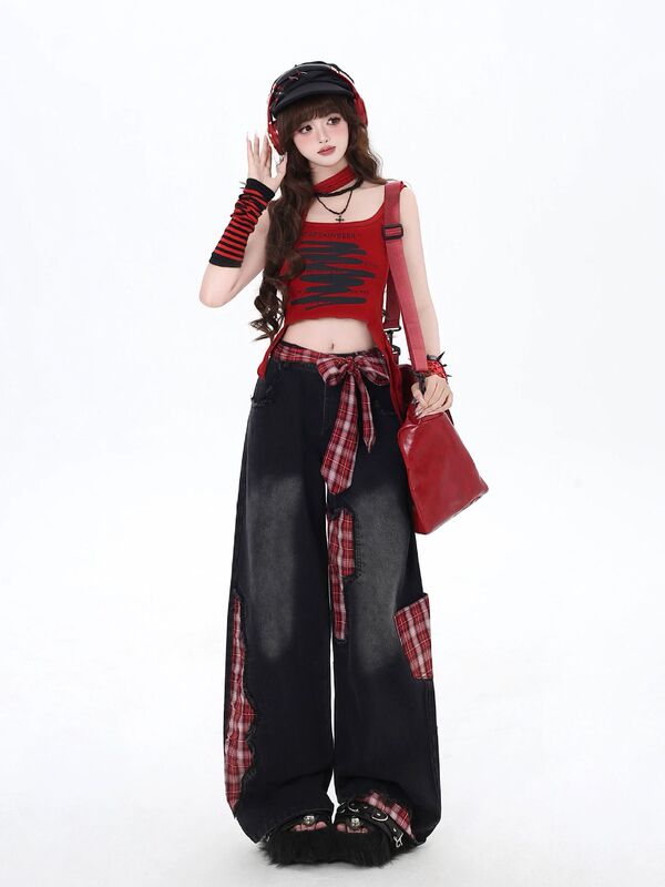 女性用の蝶結びワイドレッグジーンズ、小さなチェック柄パッチデザイン、ドレープのあるルーズストレートパンツ|undefined
