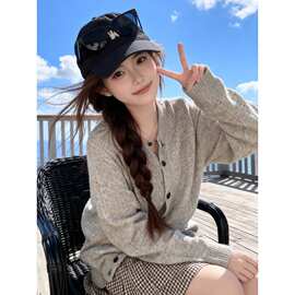 温柔花灰色宽松软糯针织开衫女秋冬设计感别致韩系穿搭毛衣潮