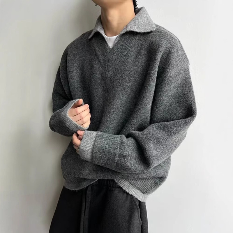 Japanese Vintage Fake Two-Piece Polo Neck Sweater Men's Winter Lazy Style High-End Warm V-Neck Knitted Base
