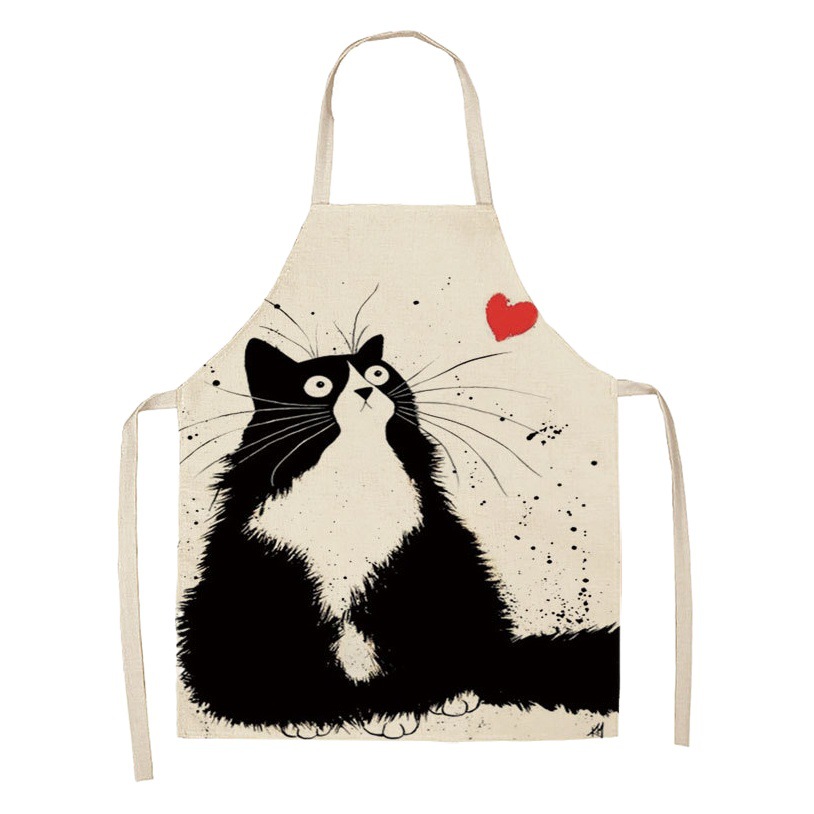 Gato blanco y negro de dibujos animados delantal lino cocina casera sin mangas halter antifouling cintura niños babero