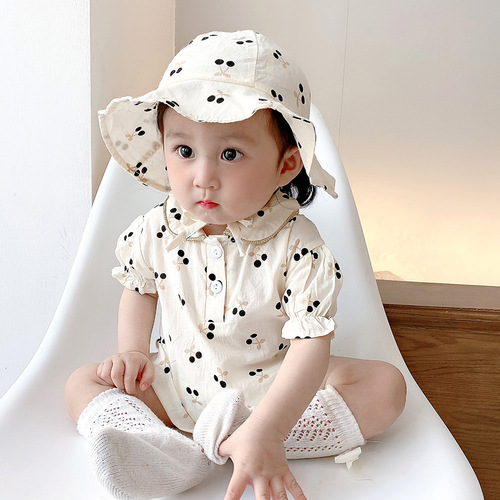  Korean Version Baby Girl Summer Outfit Cherry Short Sleeve Bodysuit Crawling Suit Diaper Cover Hat Set