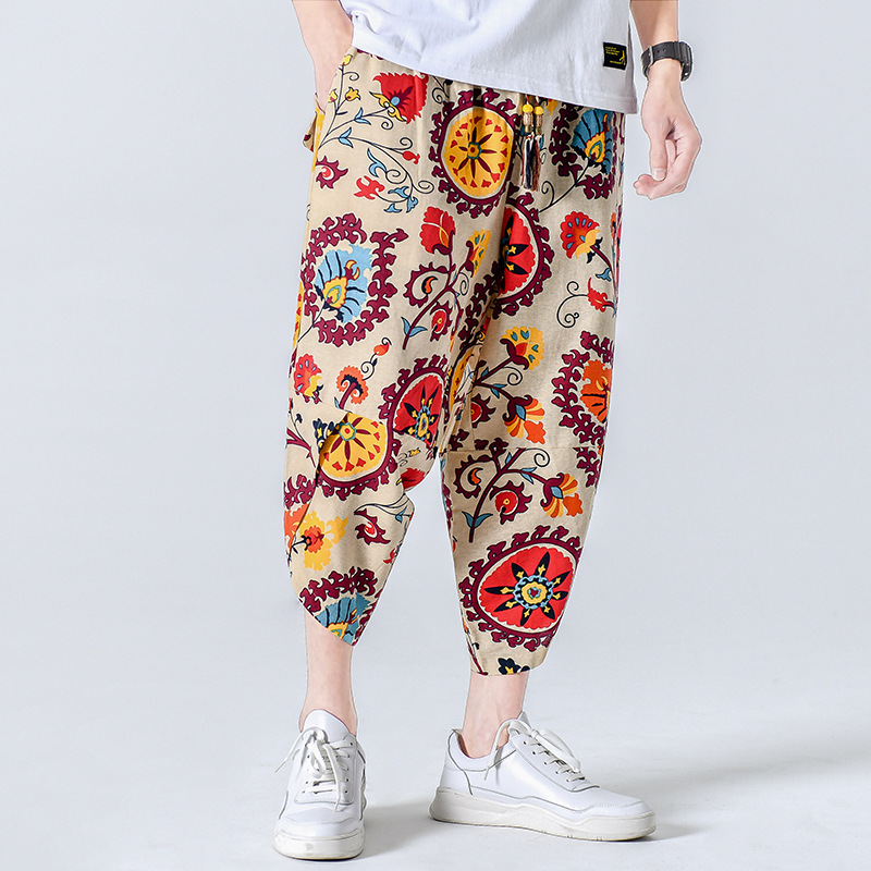 2024 Summer Cotton and Linen Capri Pants Men's plus size Loose Chinese Style Printed Men's Casual Pants Fashion Hanging Baggy Pants