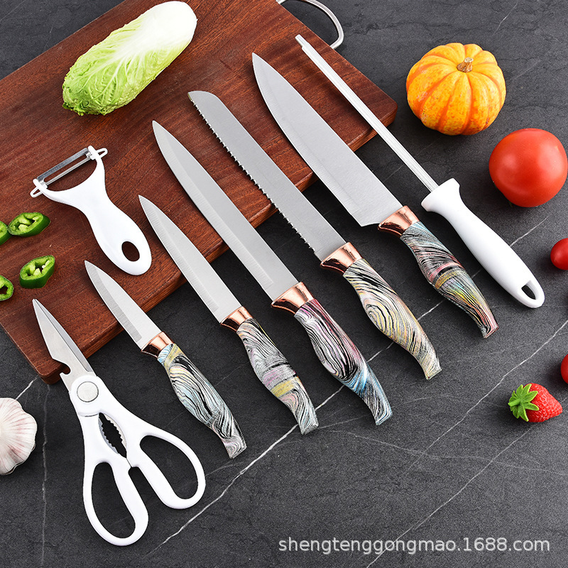 Fabricantes de cuchillos de cocina al por mayor juego de 9 piezas mango de sirena con soporte de cuchillo acrílico utensilios de cocina de acero inoxidable juego de regalo