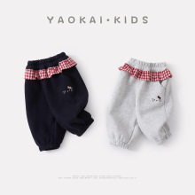 2025冬季新款婴幼儿加绒加厚针织裤女宝宝洋气百搭格子猫咪花边裤