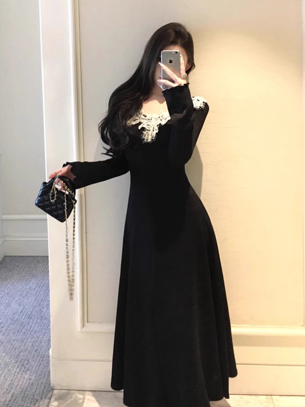 法式小香赫本风黑色v领连衣裙子女早秋装2025新款高级感内搭长裙|undefined