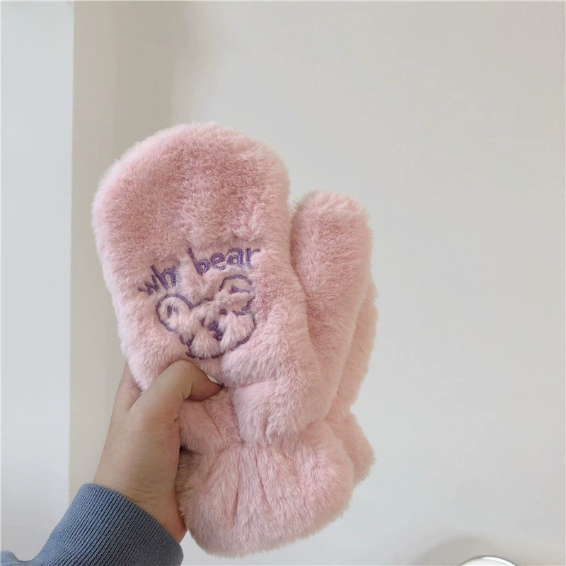 Estilo coreano chica lindo oso guantes de peluche invierno cálido forrado de lana engrosada estudiante lindo manoplas de dibujos animados