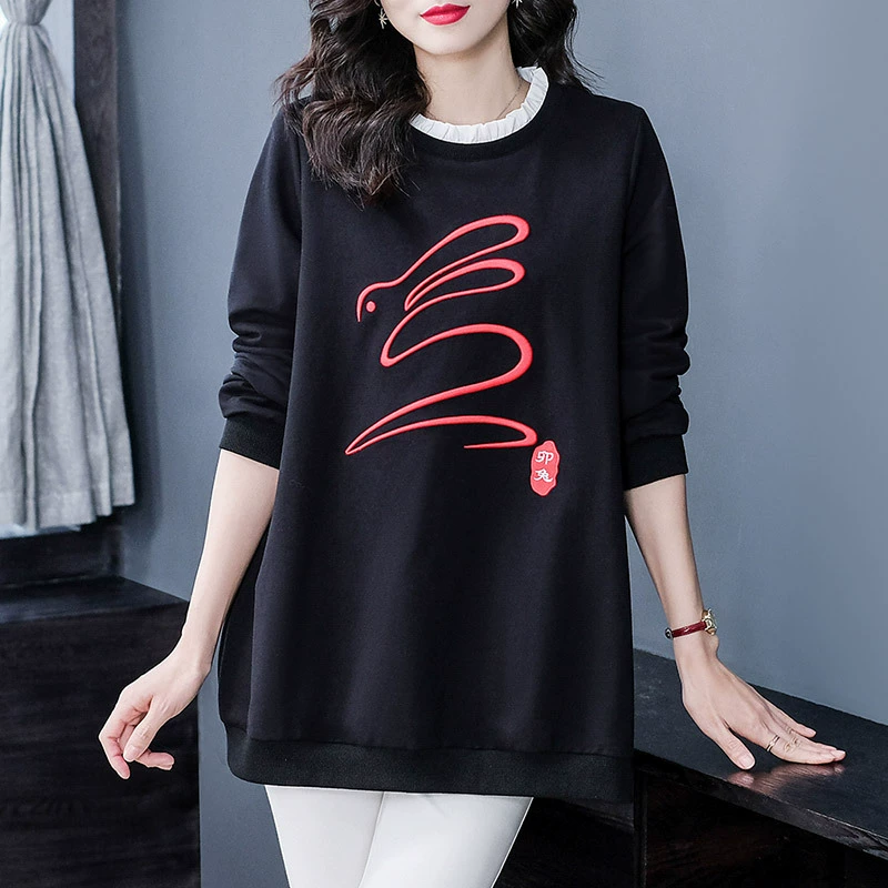 Одежда больших размеров для женщин среднего и пожилого возраста, толстый деревянный легкий знакомый простой свободный свитер с длинными рукавами в западном стиле с принтом