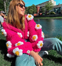 手工毛衣秋冬季女裝新款編織外套慵懶風粗針鈎織立體花朵針織開衫
