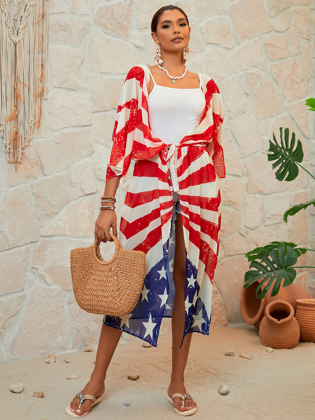 Bandera europea y americana impresa vacaciones cardigan playa trajes de baño con bikini camisa XF296