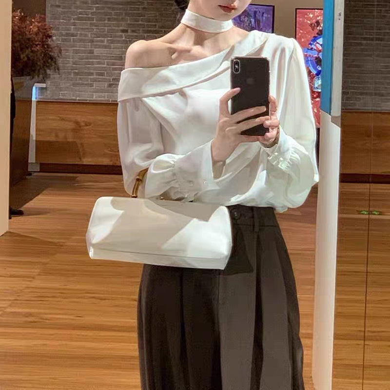 French Style Slant Shoulder Collar Open Shoulder Long-sleeved Top Women's Early Autumn High-end Sense Niche Irregular Slim Satin Shirt
