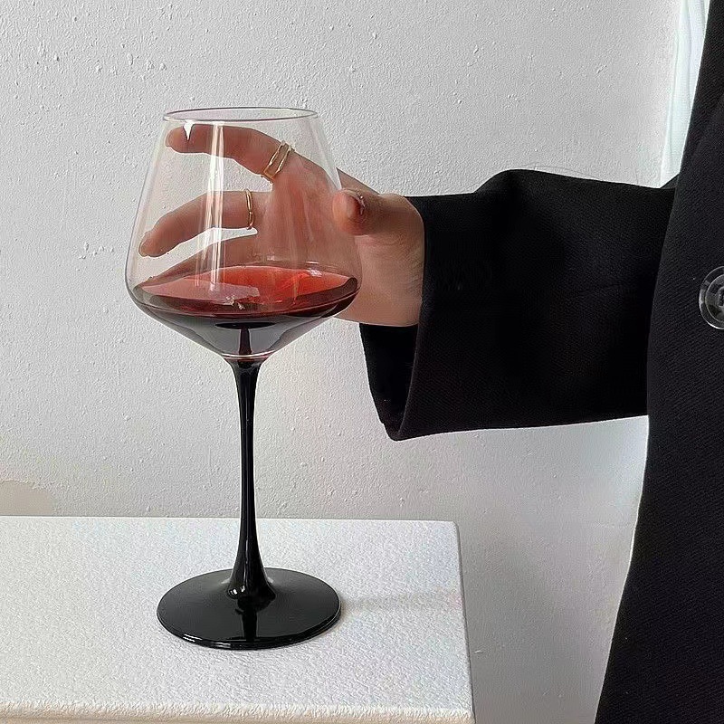 Juego de copa de vino tinto de Borgoña con varilla roja, vidrio de cristal para el hogar, pajarita negra, barriga grande, copa de vino europea, pie alto