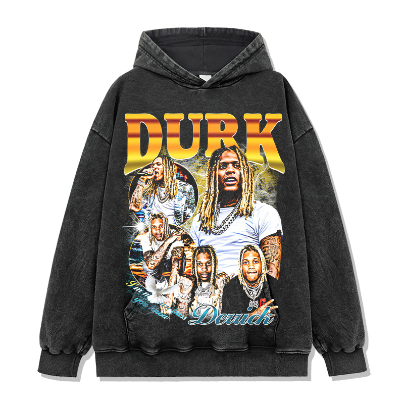 Cross-border American Lil Durk printed wash short-sleeved T-shirt round neck long-sleeved hooded sweatshirt men