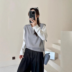 假两件条纹拼接针织打底衫2025秋冬款长袖V领学院风时尚上衣女潮