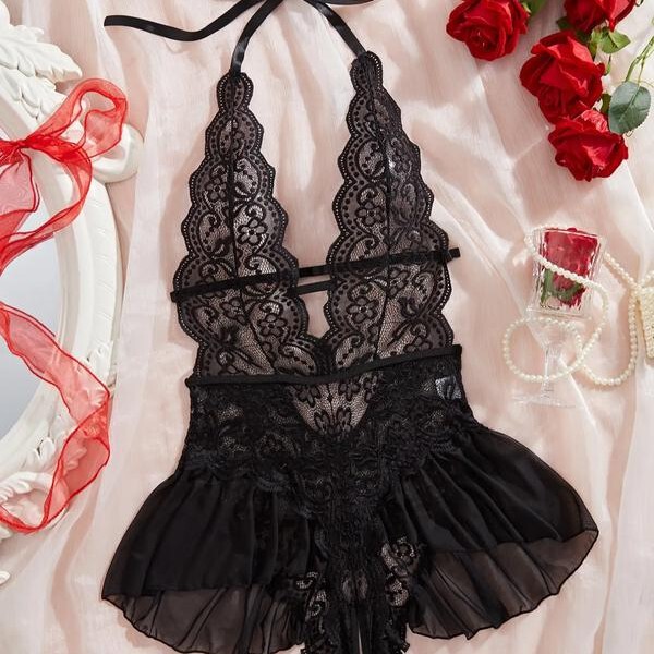 Cross-border European and American lace sensual women's bodysuit lingerie, transparent lace seductive open-crotch no-removal underwear Cross-border European and American lace sensual women's bodysuit lingerie, transparent lace seductive open-crotch no-removal underwear