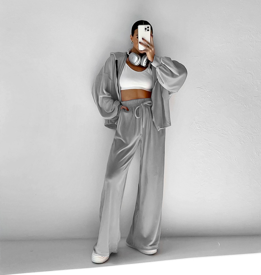 2024 hiver nouveau costume en velours mode européenne et américaine fermeture éclair à manches longues style sport pull à capuche costume décontracté_voghion.com