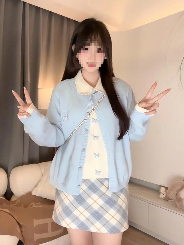 韩系爆款蝴蝶结扣蓝色假两件开衫毛衣女秋冬高级感撞色针织衫外套|undefined