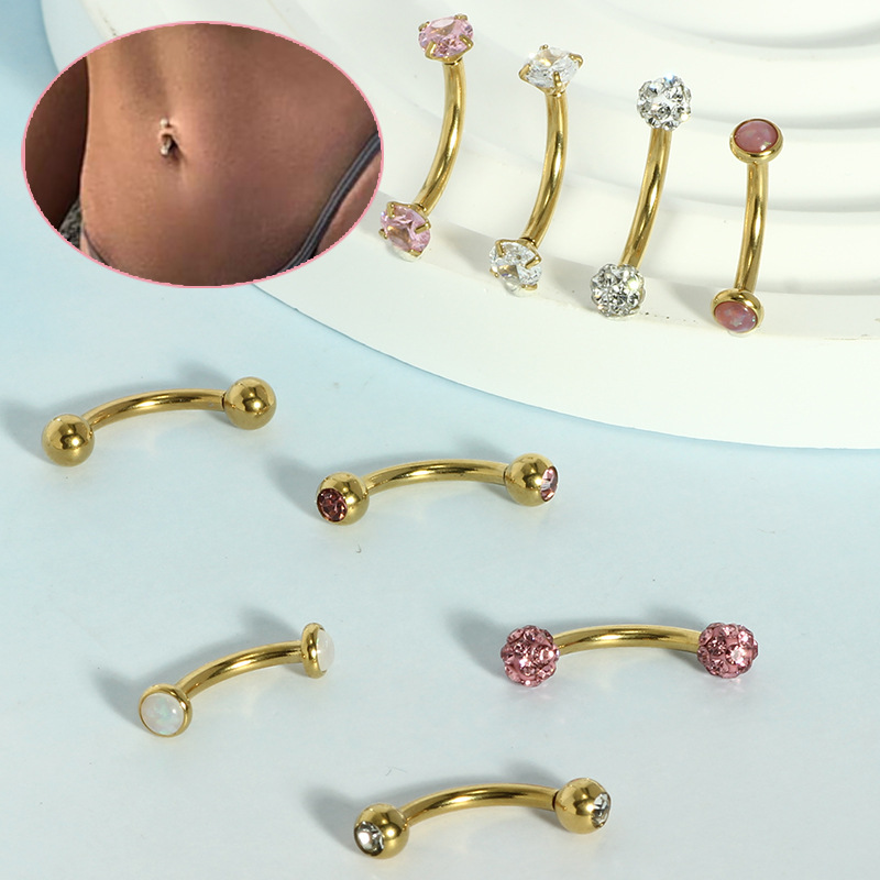 Stainless Steel Curved Barbell Navel Ring 14G Internally Threaded Double-Ended Round Zircon Opal Belly Button Piercing Jewelry detail image 6