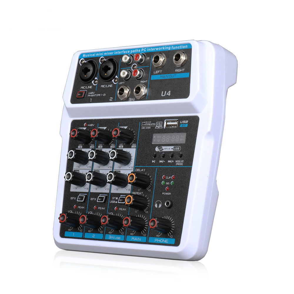 Profesional pequeña consola de sonido de 4 vías de rendimiento de red doméstica dispositivo de audio en vivo Bluetooth USB tarjeta de sonido Dispositivo de efecto de reverberación