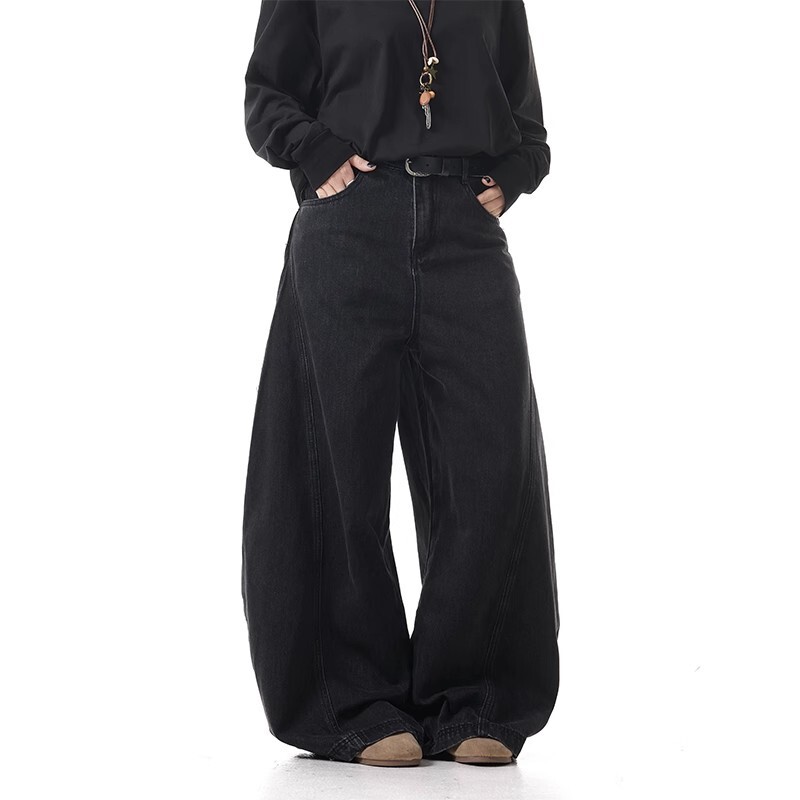 American Style Vintage cleanfit Washed Old Black Machete Jeans Unisex Loose Casual All-match Wide-leg Pants