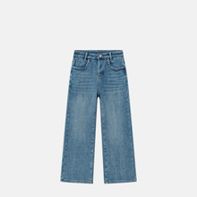 2025冬季弹力杏色复合绒九分手工编织麻花窄版高腰女阔腿牛仔裤