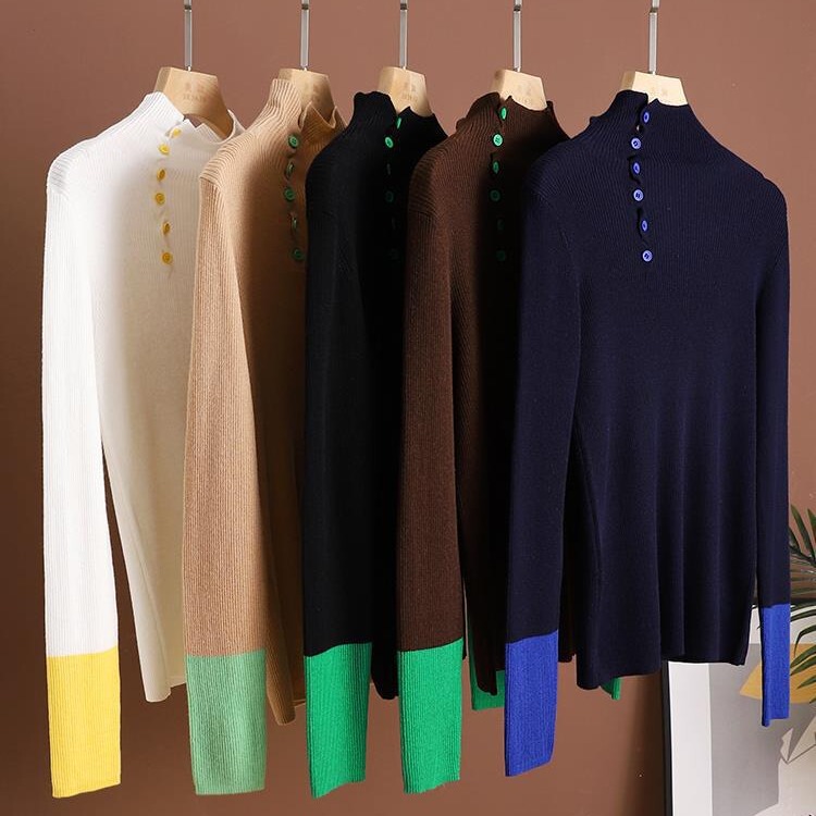 Autumn and Winter half turtleneck single-breasted contrast color design Meiru fine wool pullover slim-fit long-sleeved knitted bottoming shirt