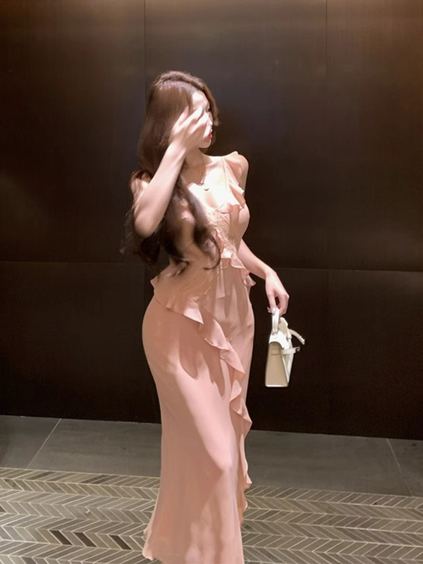蕾丝拼接吊带连衣裙女夏季荷叶边鱼尾裙粉色收腰裙子纯欲包臀长裙|undefined