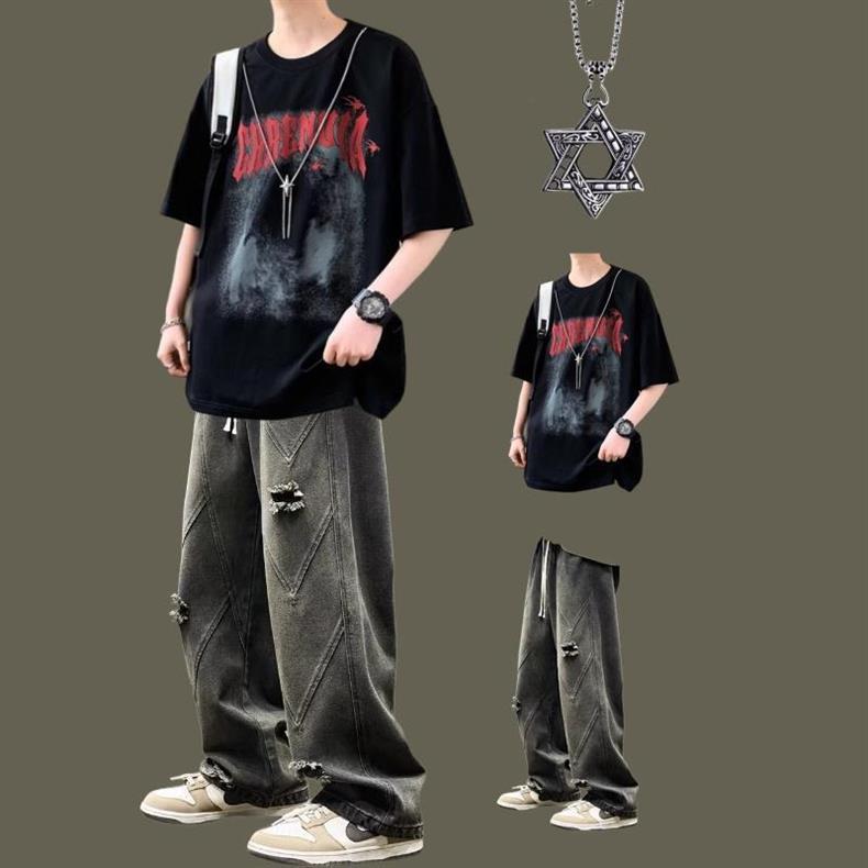 Boys' Cool and Handsome Outfit Suit, Youth Short-Sleeved T-Shirt, Summer Loose and Handsome Men's Suit with Jeans