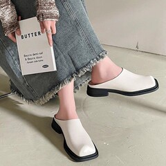 方跟包頭拖鞋女外穿2024年夏季新款方頭中跟慵懶風簡約穆勒鞋涼拖