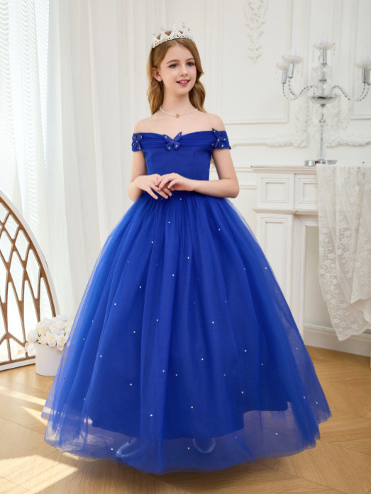 Ropa infantil transfronteriza, vestidos formales para niñas, vestidos de niña de las flores para bodas, vestidos de princesa Cenicienta de un solo hombro para niñas, vestidos largos de tul abullonados estilo anfitriona.