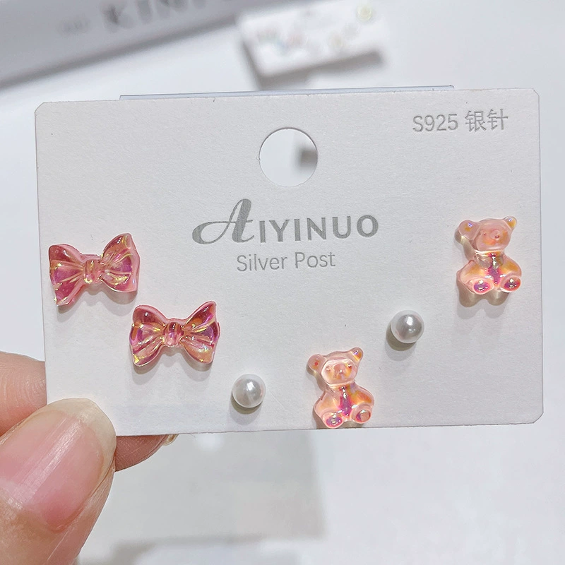 Cartoon brand cute silver needle, earrings, set, gradient