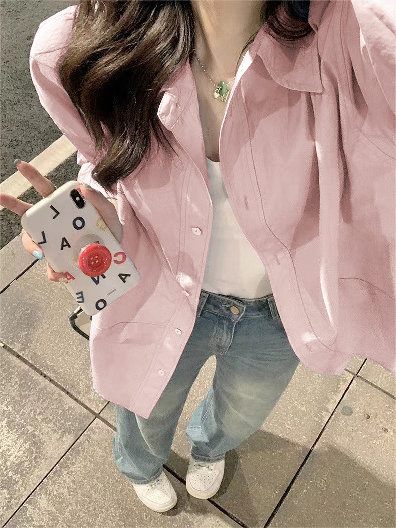 粉色长袖衬衫外套女早春季2024新款宽松慵懒风上衣法式设计感衬衣