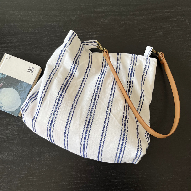 French Romantic Blue Striped Tote Bag - Niche Texture Commuter Shoulder Bag, Versatile Women's Leather Strap Underarm Bag - Thumbnail 2