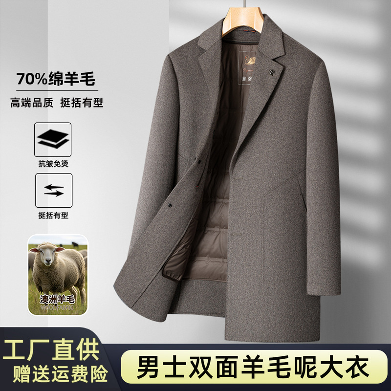 2025新款男士加厚双面羊毛呢子大衣中长款拆卸羽绒内胆西装领外套|undefined