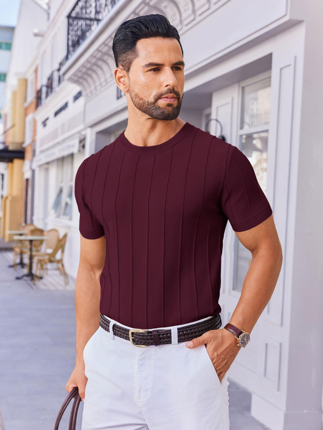 European and American Foreign Trade Cross-Border Summer New Men's Short-Sleeve Knitwear, Men's Round-Neck High-End Vertical Stripe T-Shirt Top