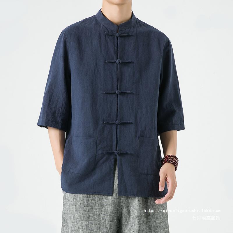 Tang Suit Chinese Style Men's Linen Shirt Men's Summer Three-Quarter Sleeve Shirt Chinese Style Cotton and Linen Top 2026 Ligeao