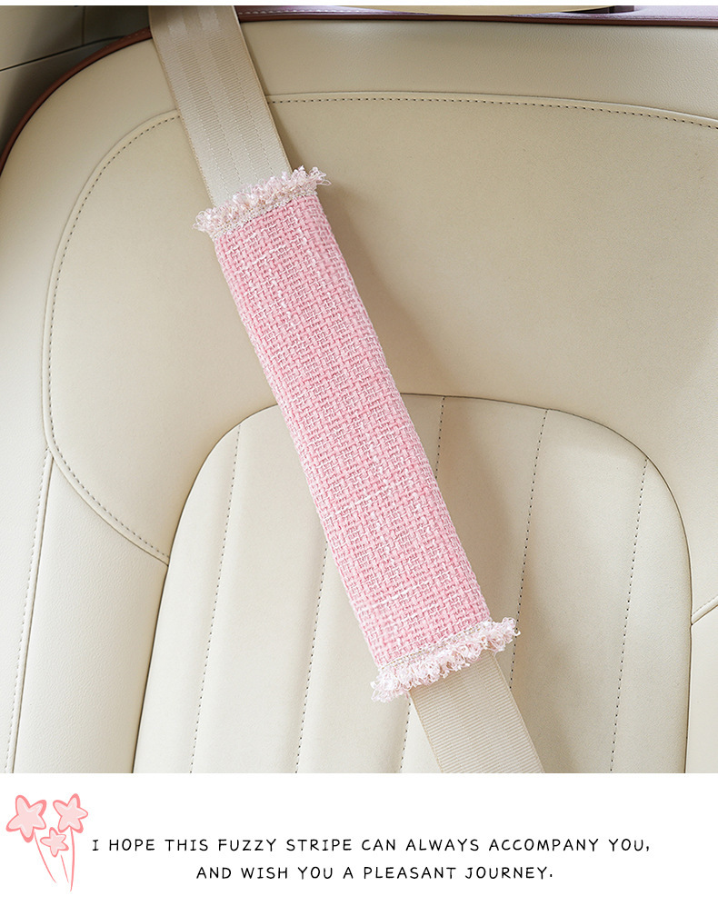 Creative car seat belt shoulder pads with lace trim, featuring a delicate and elegant design, serve as car seat belt decorations, preventing chafing and discomfort, and providing shoulder protection i
