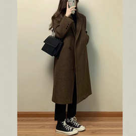 2025新款秋冬设计感双面羊绒大衣中长款咖色毛呢外套女