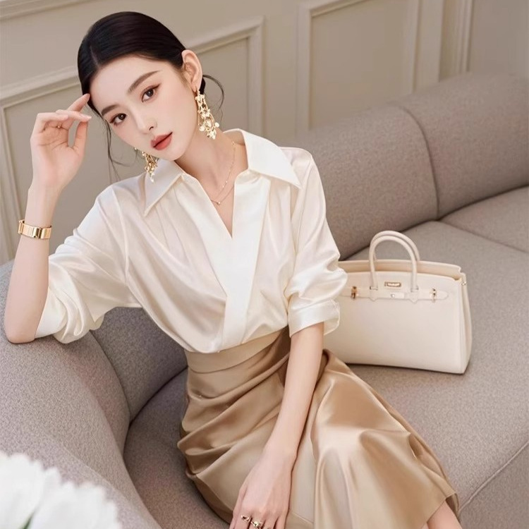 Spring Clothes Are Paired with a Complete Set of Light and Mature Elegant Goddess Style Classy Small Fragrant Shirt Champagne Color Skirt Suit Summer