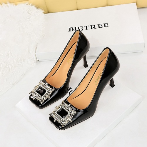 7792-3K82 Banquet Women's Shoes Super High Heels Shallow Lacquer Leather Square Head Metal Water Diamond Buckle Single Shoes High Heels