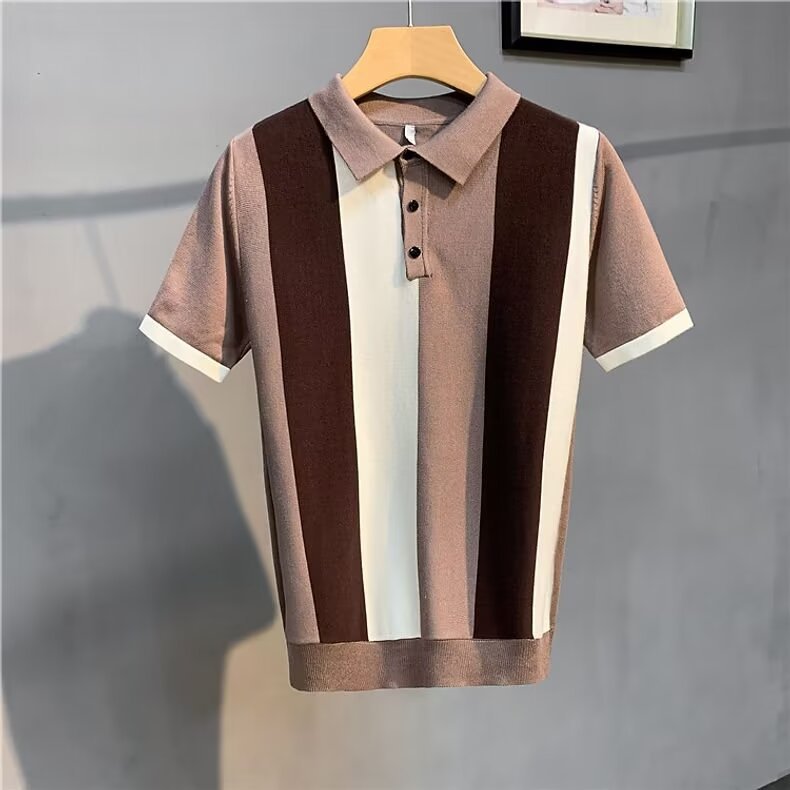Men's Clothing Summer New Ice Silk Striped Lapel Short Sleeved Sweater Men's Fashion Youth Trend All Match Casual Tops Trend_viptrois.com